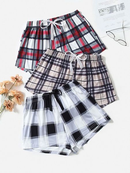 

3pcs plaid knot detail sleep shorts 33r9#, Black;red