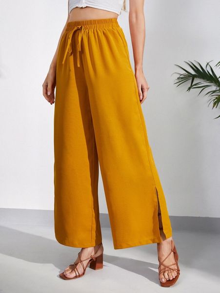 

knot front split hem wide leg pants d6ik#, Black;white