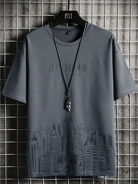 

men letter & building print tee q9np#, White;black