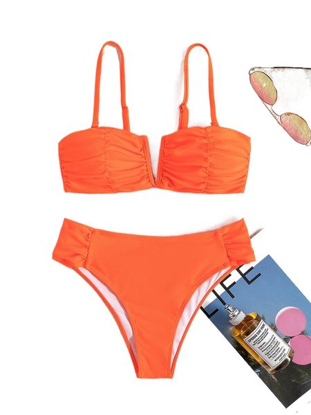 

plain ruched v wired bikini swimsuit l9op#, White;black
