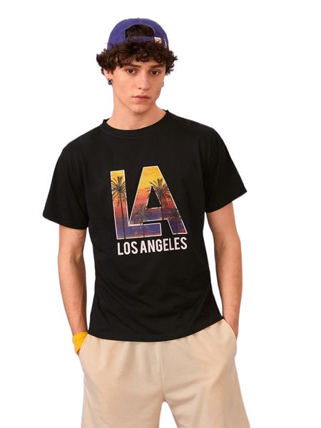 

1pc letter & palm tree print tee 27y9#, White;black