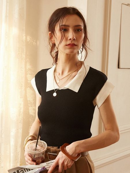 

knit mix collared contrast trim knit e8gr#, White;black