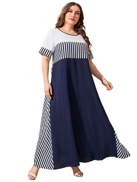 

plus vertical striped contrast binding tunic dress k95y#, Black