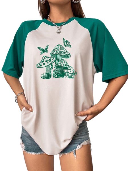

colorblock mushroom print raglan sleeve oversized tee p1xx#, White