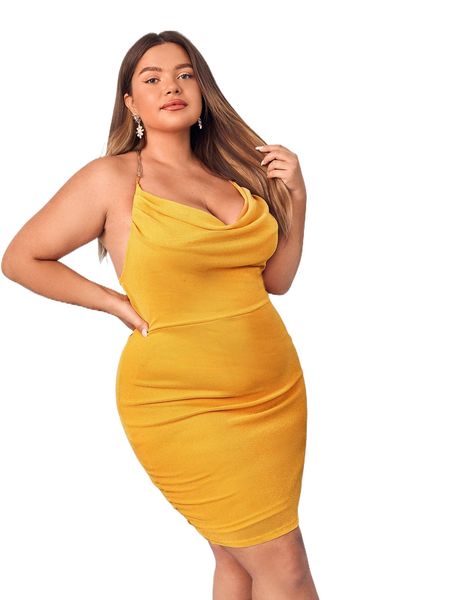 

bae plus ruched back chain detail halter bodycon dress v0pq#, Black