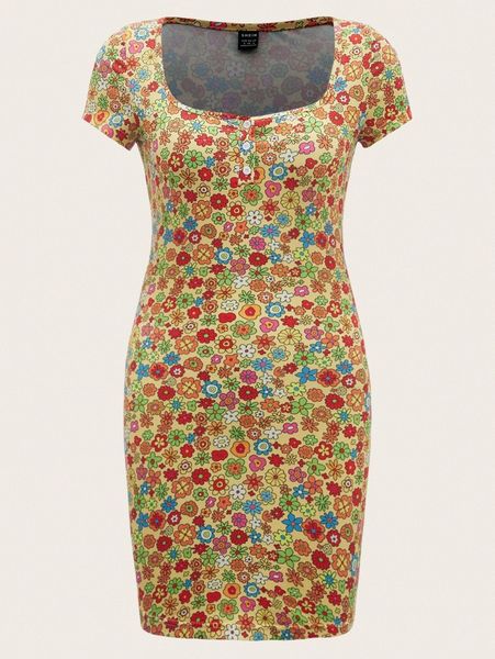 

mod allover floral print button front dress r6ri#, Black;gray
