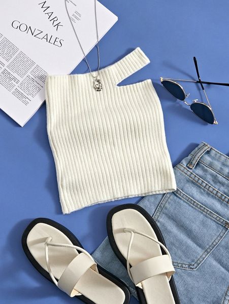 

rib knit one shoulder knit u7vy#, White;black