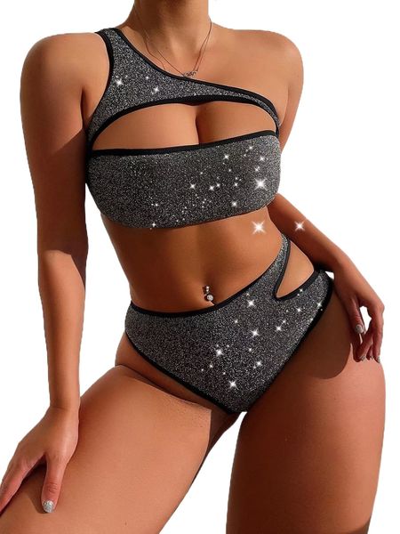 

sparkly glitter cut-out bikini swimsuit g9rl#, White;black