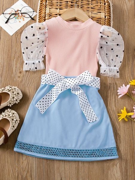 

toddler girls dobby mesh puff sleeve & belted skirt she, White