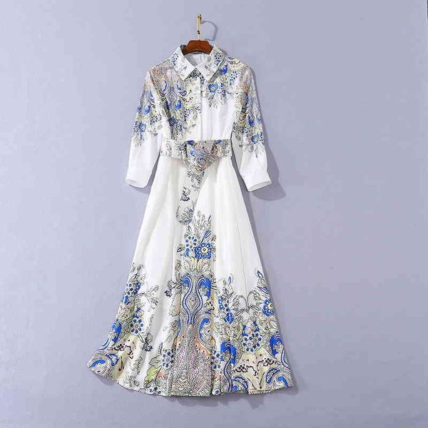 

casual dresses belt elegant floral white skirt autumn women's lapel cotton linen printed long sleeved dress ksjf, Black;gray