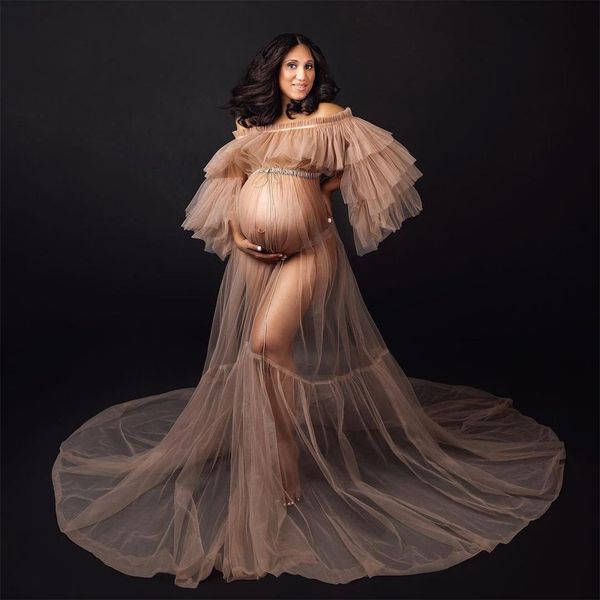 Kapalı Omuz Kadın Balo Elbiseleri Bebek Duşu için 2022 Uzun Elastik Bel Doğum Fotoğraf Çekim Elbisesi Özelleştir