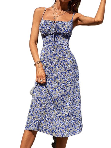 

random floral print knot front shirred back cami dress p92p#, Black;gray