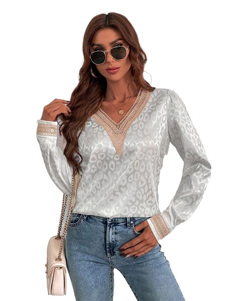 

leopard jacquard guipure lace satin blouse q0nt#, White