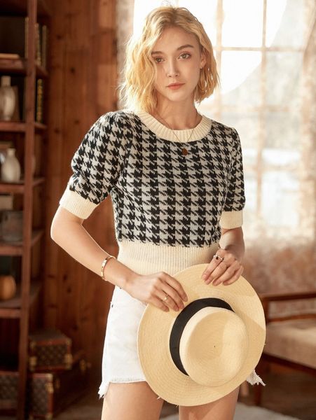 

knit mix houndstooth pattern puff sleeve knit b6ty#, White;black