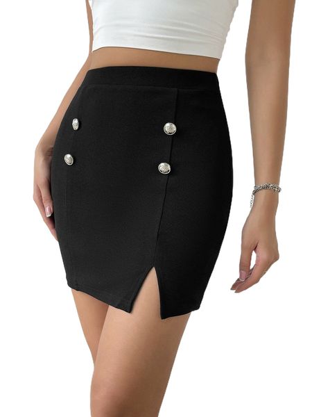 

button front split hem skirt g6s3#, Black
