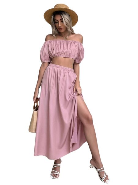 

off the shoulder fold pleated crop tube & split thigh skirt m6cr#, White