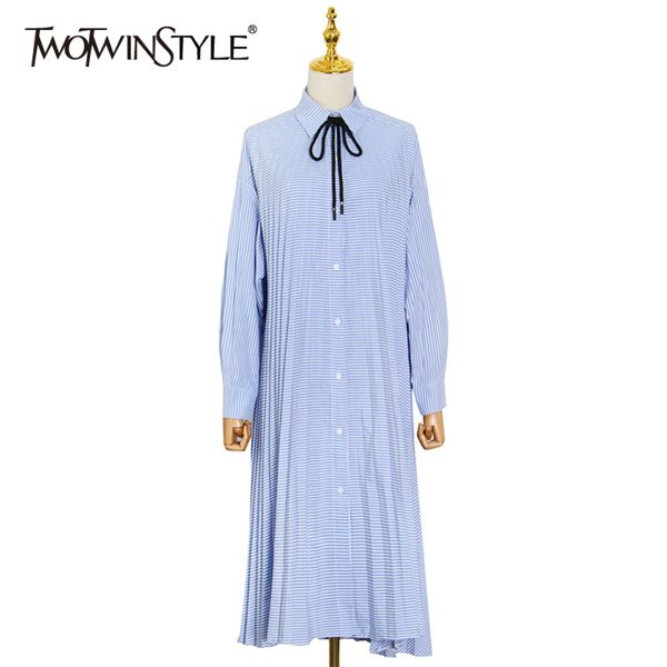 

loose striped spring dress for women lapel long sleeve lace up bowknot casual blue dresses female fashion 210423, Black;gray