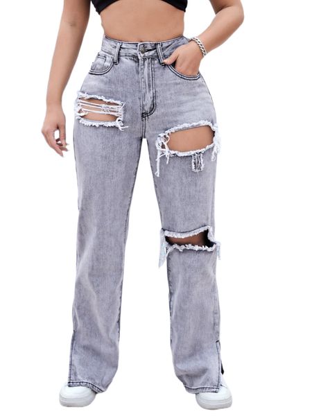 

sxy high waist ripped slit hem straight leg jeans n72g#, Blue