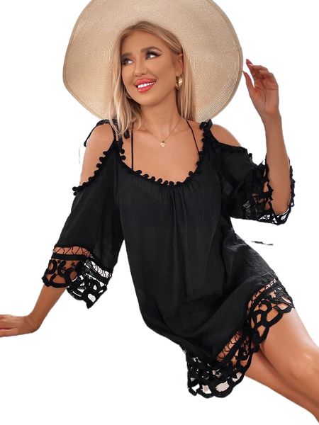 

pom pom decor tie shoulder cover up c8ph#, White;black