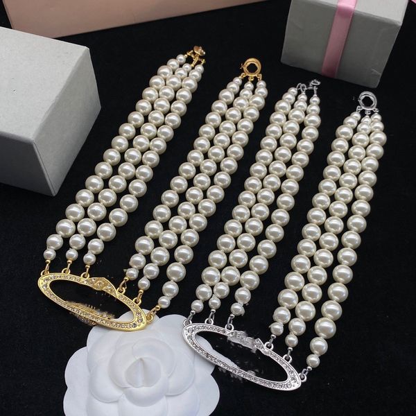 

2022 european and american retro three-layer pearl necklace full diamond collarbone chain female fast delivery, Silver
