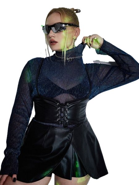 

plus stand collar lettuce trim mesh d6or#, Black