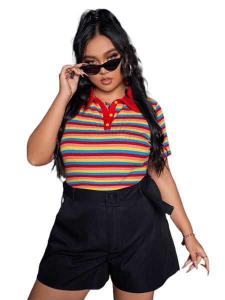 

plus block striped polo neck tee q39q#, Black