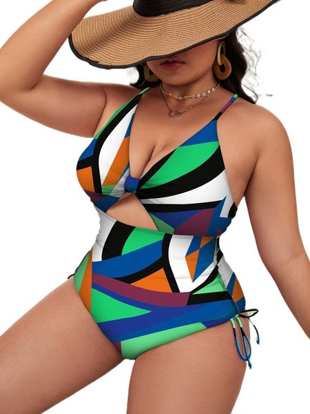 

plus floral print cut out ruched one piece swimsuit c49t#, White;black