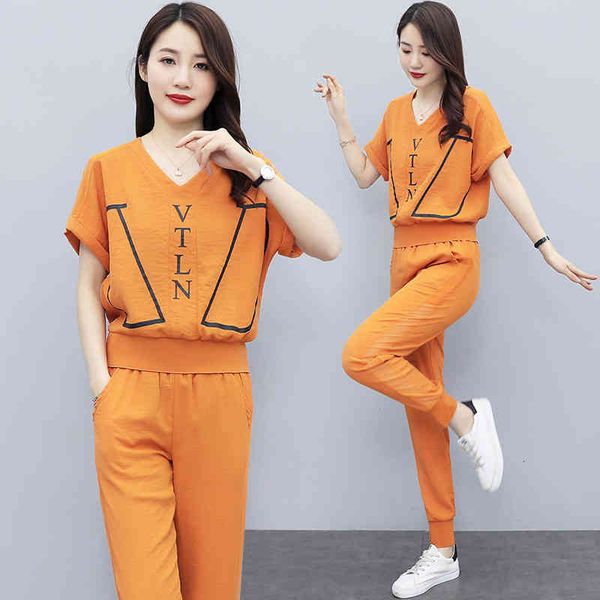 

women's two piece pants sportswear women's fashion and foreign style 2022 summer loose printed short sleeved casual leggings two-p, White