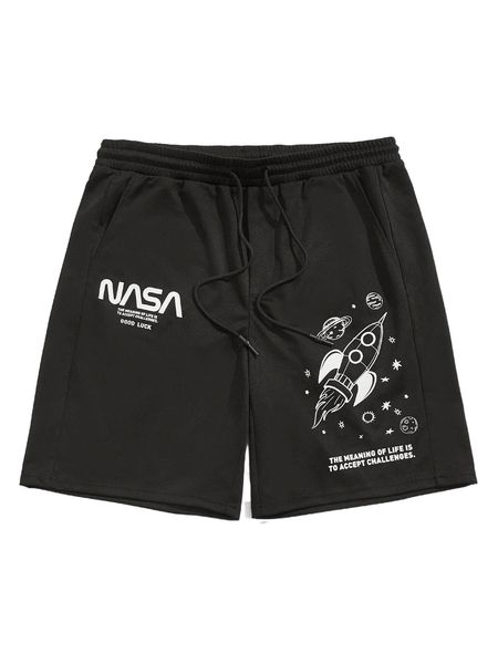 

men slogan & rocket print drawstringÂ waist shorts s0s5#, White;black