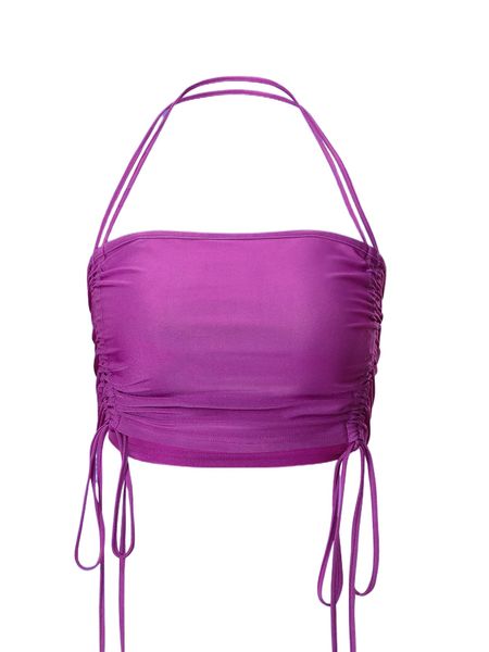 

solid drawstring side halter p06e#, White