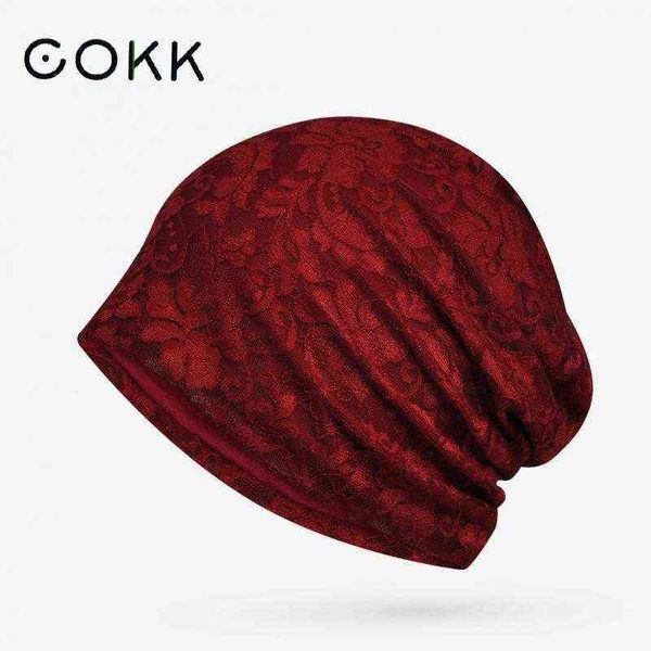 Cokk Beanie Hüte Für Frauen Hohle Spitze Blumenmuster Herbst Sommer Beanie Dünne Hut Baggy Cap Kapuze Gorro Atmungsaktive Kopfbedeckung J220722