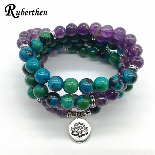 

ruberthen design yoga healing bracelet or necklace phoenix ame-thyst stone meditative 108 mala yoga jewelry j190625, Golden;silver
