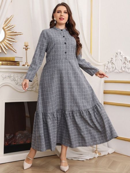 

plus windowpane print quarter button ruffle hem dress a9pg#, Black