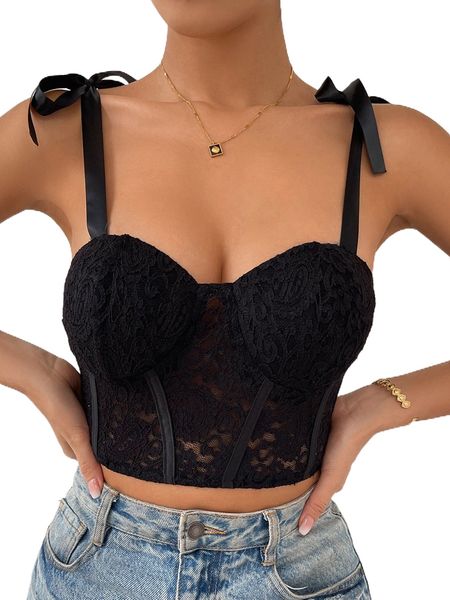 

lace panel tie shoulder bustier crop cami g2qi#, White