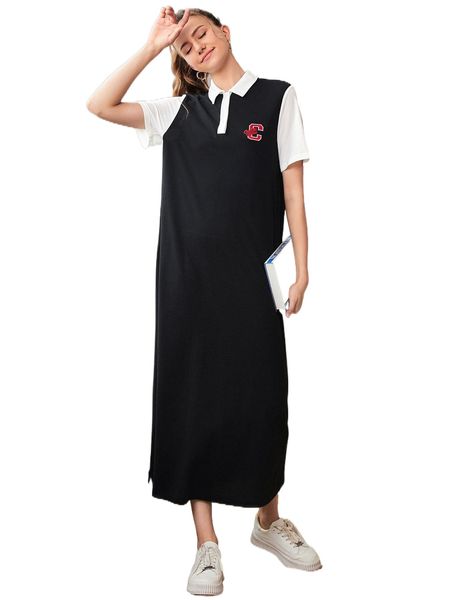

letter embroidery two tone polo neck dress d5hz#, Black;gray