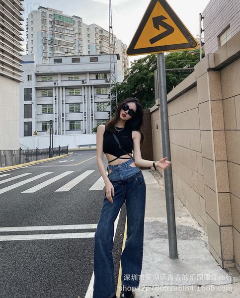 

women's jeans designer ann 2021ss new net red same two-color trouser head splicing hollow washed denim pants elasticity, Blue