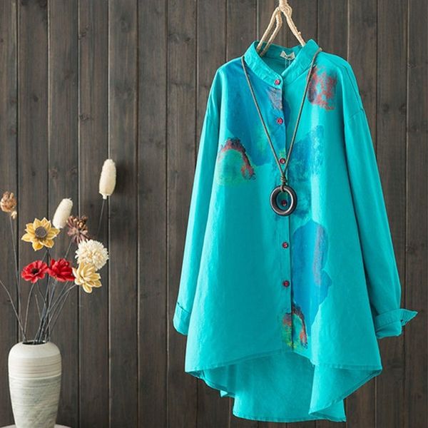 

spring autumn long sleeve vintage casual shirt women stand collar loose cotton and linen button irregular midi blouse female 220809, White