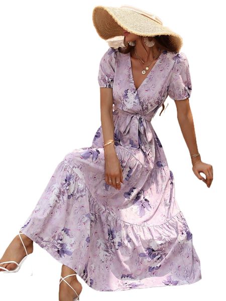 

floral print surplice neck belted ruffle hem dress d9d9#, Black;gray