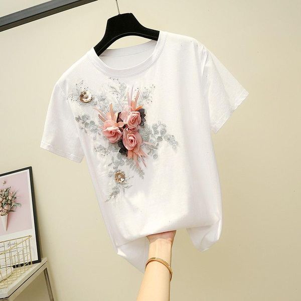 

women streetwear flowers t shirts solid appliques cotton female chic summer tees short sleeve big size tshirts clothes, White