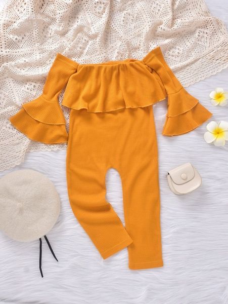 

toddler girls waffle knit layered flounce sleeve jumpsuit she, Blue