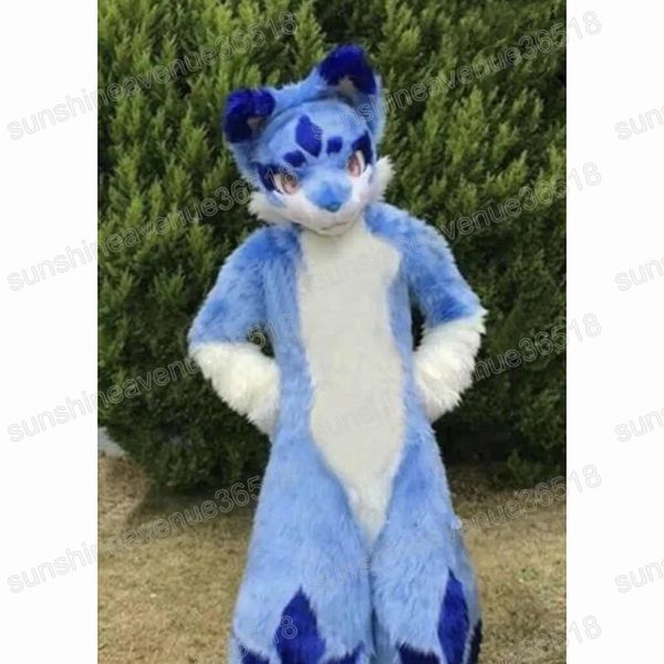 Costume da mascotte di cane Husky in pelliccia lunga blu di Halloween Personaggio a tema dei cartoni animati Carnevale Festival Fancy dress Xmas Adults Size Birthday Party Outdoor Outfit