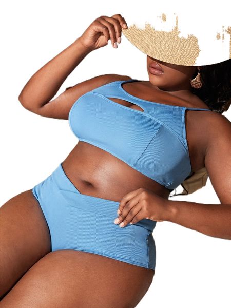 

plus cut out ribbed knit high waist bikini swimsuit 82im#, White;black