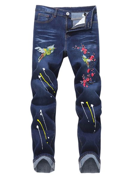 

romwe guys bird embroidery jeans 74zk#, Blue