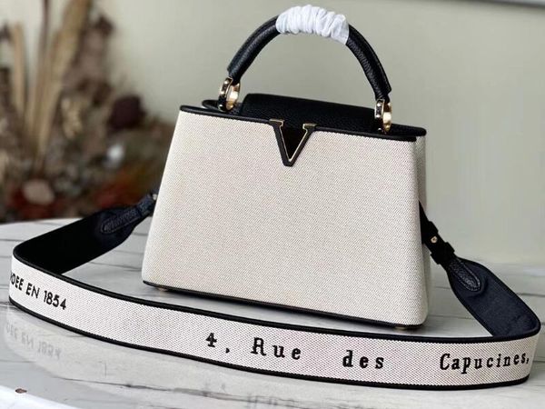 

realfine bags 5a m59873 27cm capuciness bb black leather canvas handbag shoulder purses for women with dust bag