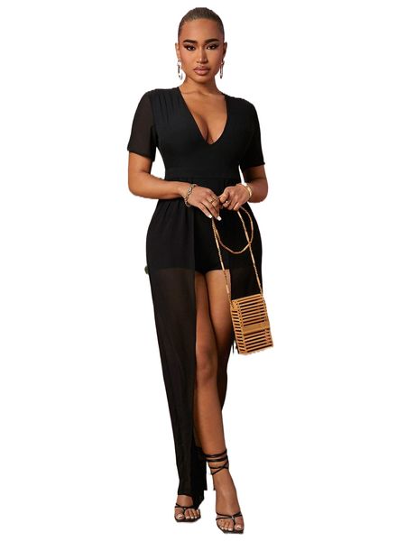 

sxy plunge neck solid romper with skirt a8la#, Black;white