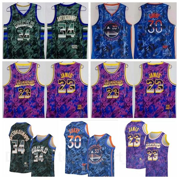 

men mvp basketball jersey stephen curry 30 lebron james 23 giannis antetokounmpo 34 blue purple green team color breathable pure cotton exce, Black