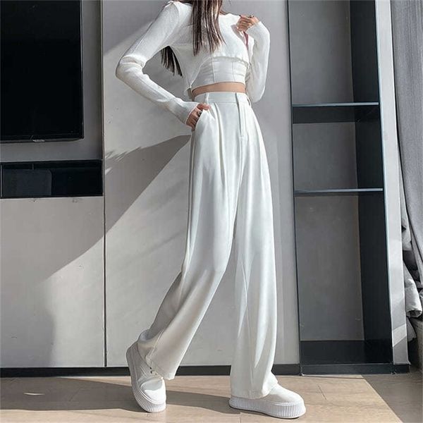 

women pants elastic waist wide leg fashion female white spring autumn loose casual high waist long trousers ladies chic pants 211218, Black;white