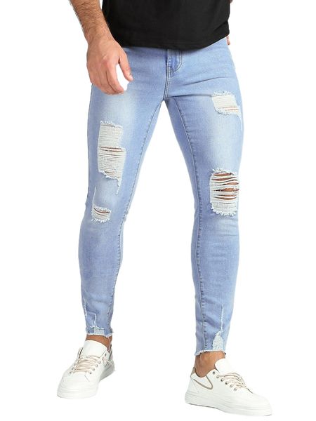 

men ripped raw cut skinny jeans k28f#, Blue