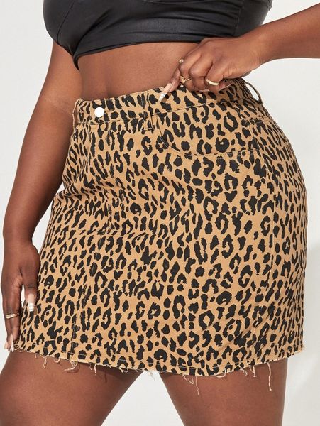 

sxy plus leopard raw hem denim skirt e7vg#, Black