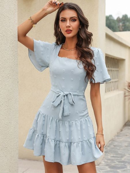 

swiss dot ruffle hem belted dress b6hj#, Black;gray